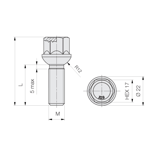 PARAFUSO DE RODA ESFÉRICO 14X1,5 L35 CH17