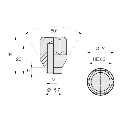FÊMEA / PORCA DE RODA 12X1,5 L34 CH21 C/ GUIA